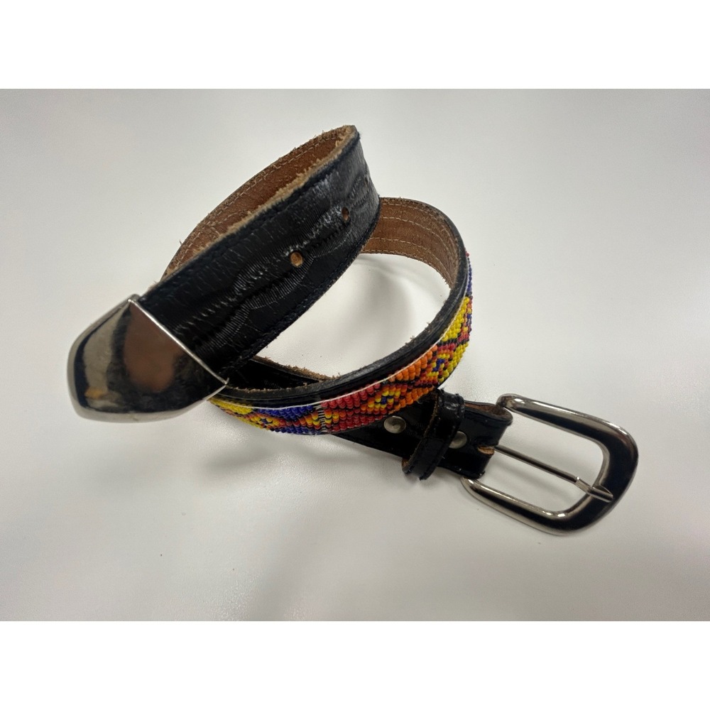 Vintage Beaded Leather Western Belt Southwestern Boho Hippie Festival 90's